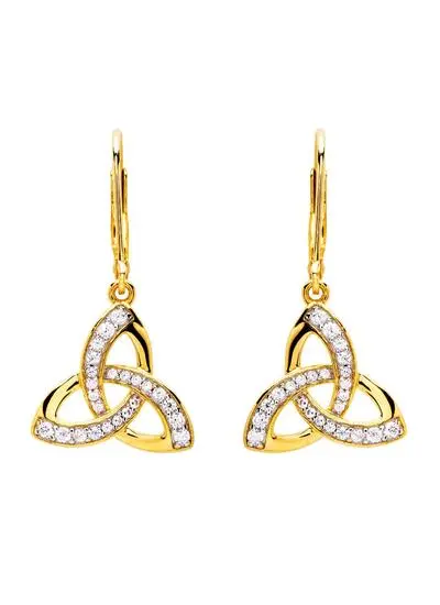 White background cut out shot of 14Ct Gold Vermeil Trinity Knot Drop Earrings with Cubic Zirconia